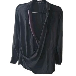 All Saints Black Blouse Cross Body 100% Silk Plum Trim Long Sleeve‎ Top Size 10